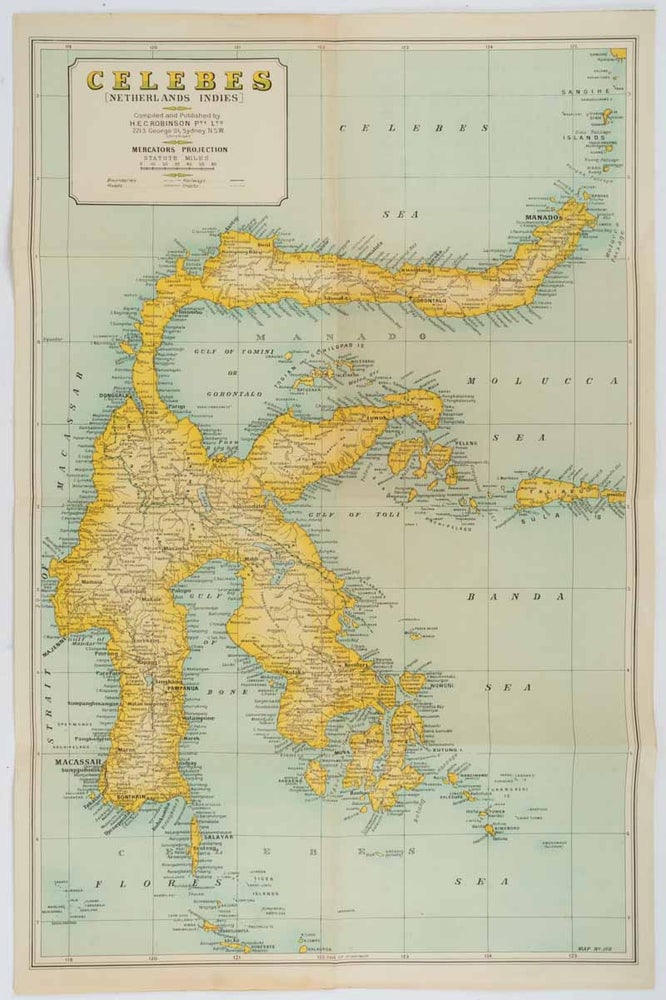 Stock ID #214914 Celebes (Netherlands Indies) Compiled & Published by H.E. C. Robinson. PRE-WWII MAP OF SULAWESI.