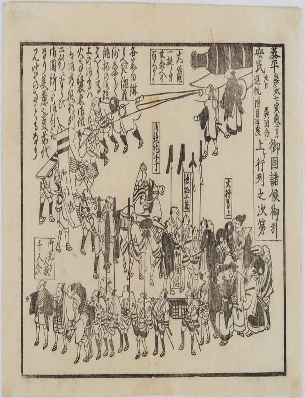 Stock ID #218512 泰平安民御固諸侯引上ヶ行列之次第. [Taihei anmin onkatame shoko hikiage gyoretsu no shidai [Illustration of Defending Lords' Parade after a Peaceful Retreat]. PERRY EXPEDITION - DEMOBILISATION OF DAIMYO.