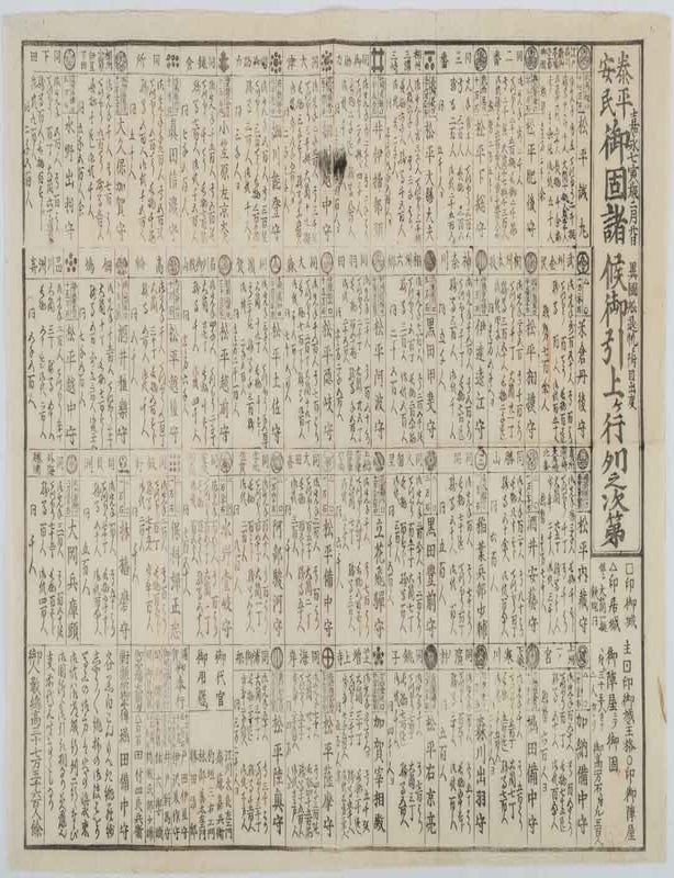 Stock ID #218513 泰平安民御固諸侯引上ヶ行列之次第. [Taihei anmin onkatame shoko hikiage gyoretsu no shidai [List of Parading Defending Lords after a Peaceful Retreat]. PERRY EXPEDITION - DEMOBILISATION OF DAIMYO.