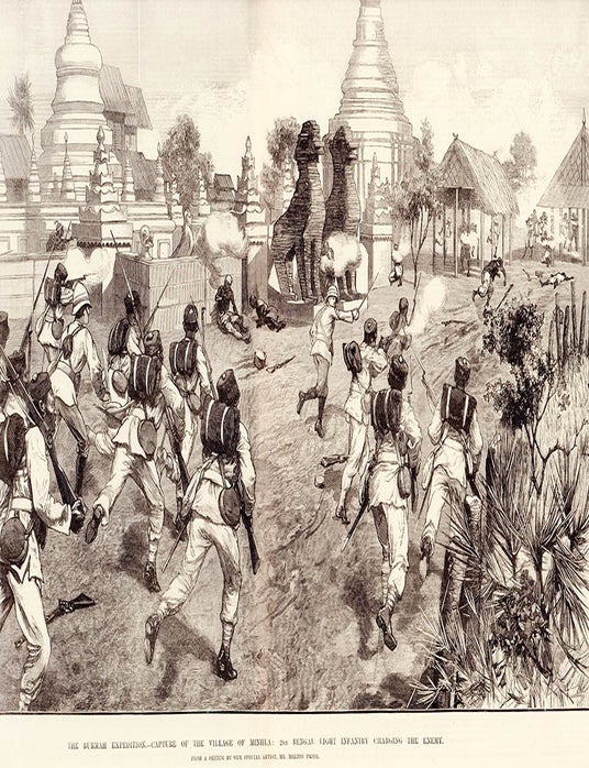 Stock ID #218967 The Burmah Expedition -- Capture Of The Village Of Minhla: 2nd Bengal Light Infantry Charging The Enemy. [Caption title] From A Sketch By Our Special Artist, Mr Melton Prior. BURMA - ANTIQUE ENGRAVING, MELTON PRIOR, MORISON G. A. SR, ARTIST, ENGRAVER.
