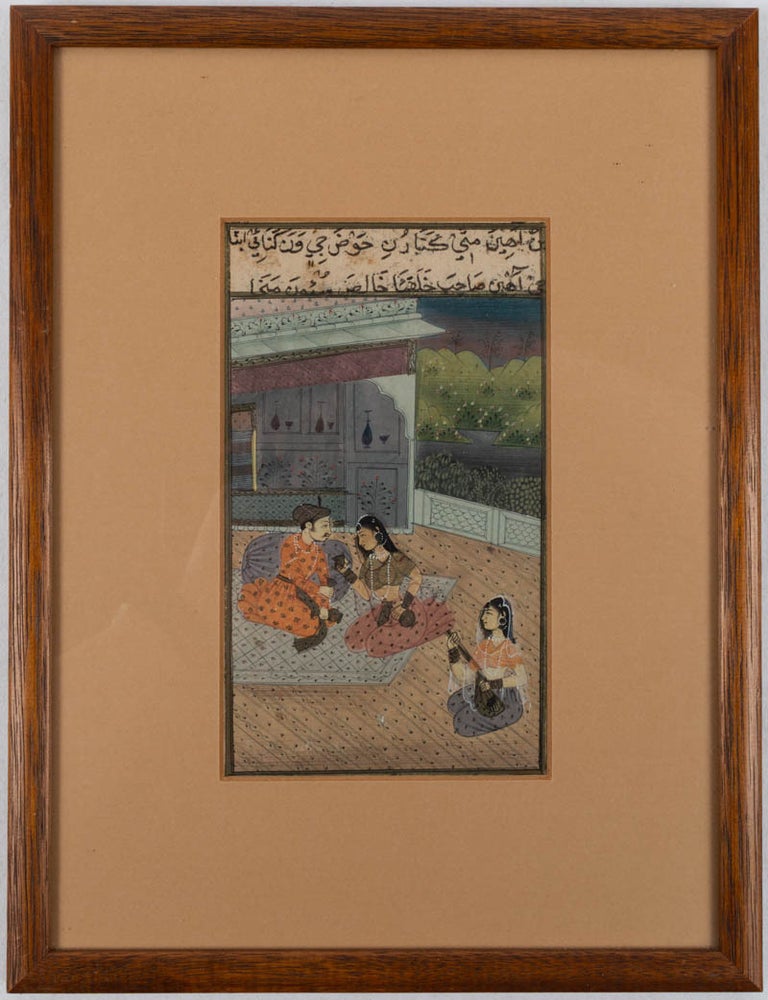 Stock ID #219856 Mughal-Style Miniature of a Noble Couple Seated Taking Refreshment, a Seated Musician in the Foreground. MUGHAL-STYLE PAINTING.