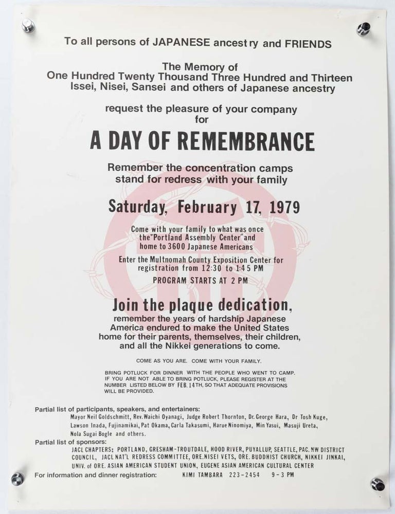 Stock ID #219873 A Day of Remembrance. Remember the Concentration Camps Stand for Redress With Your Family&hellip;. POSTER - THE FIRST DAY OF REMEMBRANCE POSTER FOR THE JAPANESE AMERICAN REDRESS MOVEMENT.