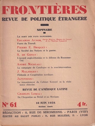 Stock ID #221503 Frontières. Revue de Politique Étrangere. No. 61. INTERWAR PERIOD NEWS -...