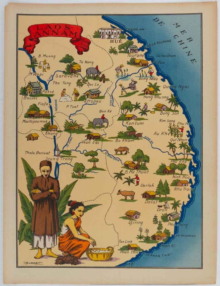 Stock ID #222343 Laos. Annam. R&eacute;gion Sud. PICTORIAL MAP OF SOUTHERN LAOS AND ANNAM.
