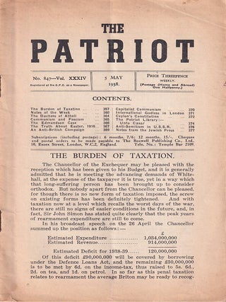 Stock ID #222733 The Patriot. No. 847, Vol. XXXIV. FAR-RIGHT INTERWAR JOURNAL