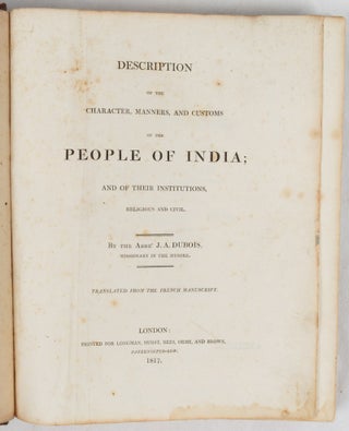 Stock ID #223216 Description of the Character, Manners and Customs of the People of India and of...