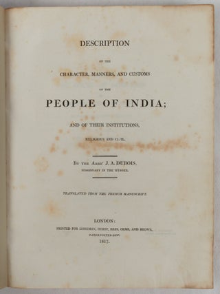 Stock ID #223218 Description of the Character, Manners and Customs of the People of India and of...