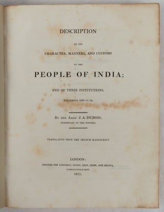 Stock ID #223218 Description of the Character, Manners and Customs of the People of India and of...