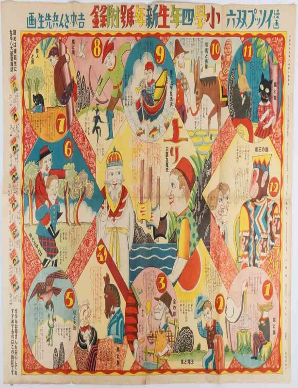 Stock ID #223768 イソップ双六. [Isoppu sugoroku]. [Aesop Fables Sugoroku Game]. ILLUSTRATED BY YOSHIMOTO SANPEI, 吉本さん兵画.