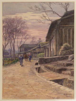 Rural Scene at Dusk, Two Figures and a Donkey with Pannier in Front of Buildings. N. HISANO.