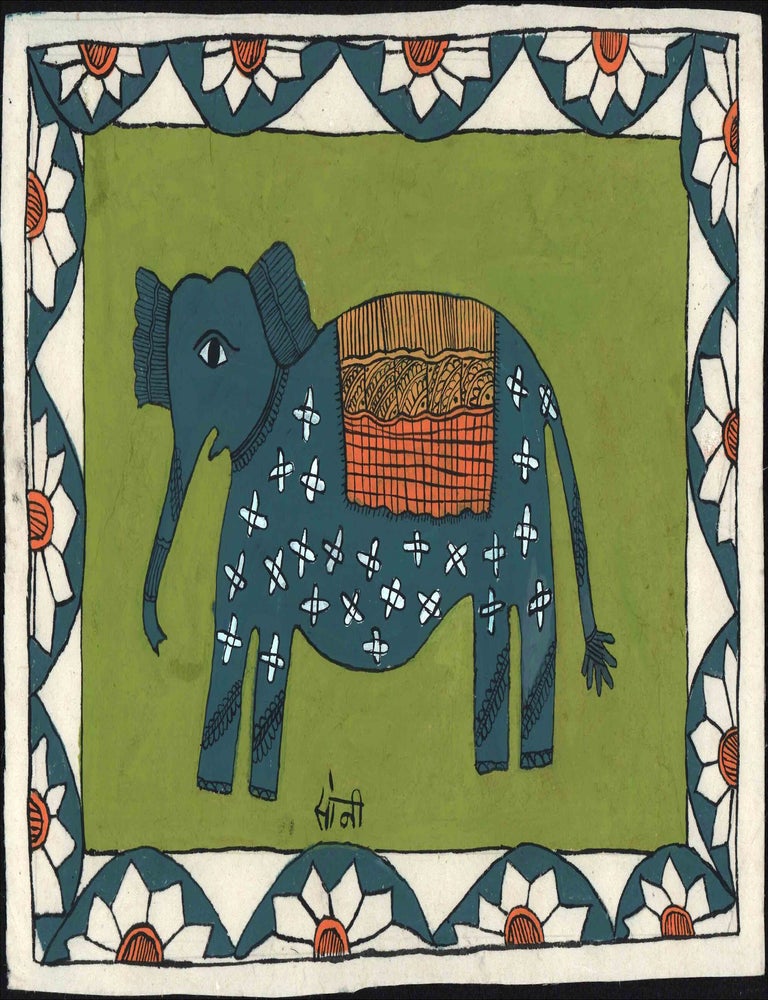 Stock ID #224939 Original Mithila or Madhubhani painting of an Elephant in profile. NEPAL WOMEN ARTISTS, SONI.