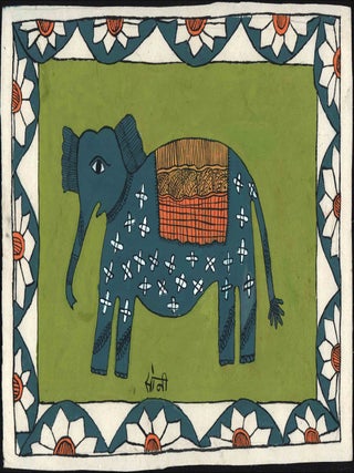 Stock ID #224939 Original Mithila or Madhubhani painting of an Elephant in profile. NEPAL WOMEN...