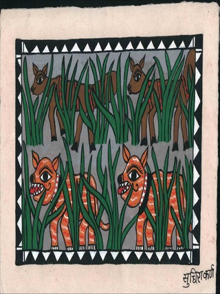 Stock ID #224940 Original Mithila or Madhubhani painting of two tigers/leopards stalking a pair...