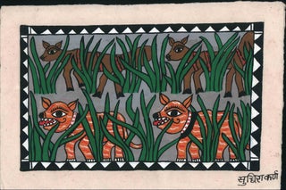 Stock ID #224940 Original Mithila or Madhubhani painting of two tigers/leopards stalking a pair...