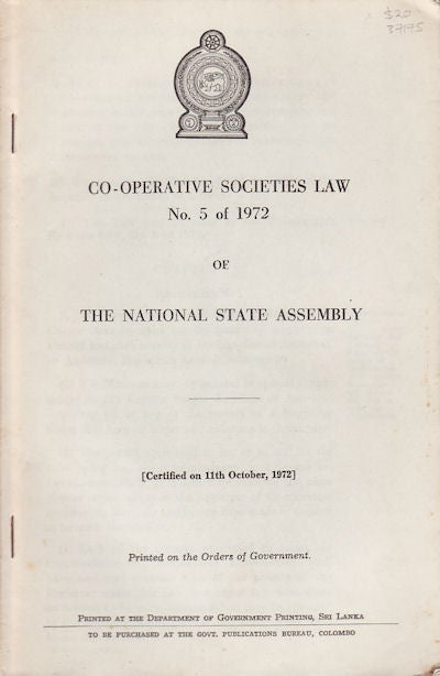 Stock ID #37175 Co-Operative Societies Law No. 5 of 1972 of The National State Assembly. SRI LANKA.