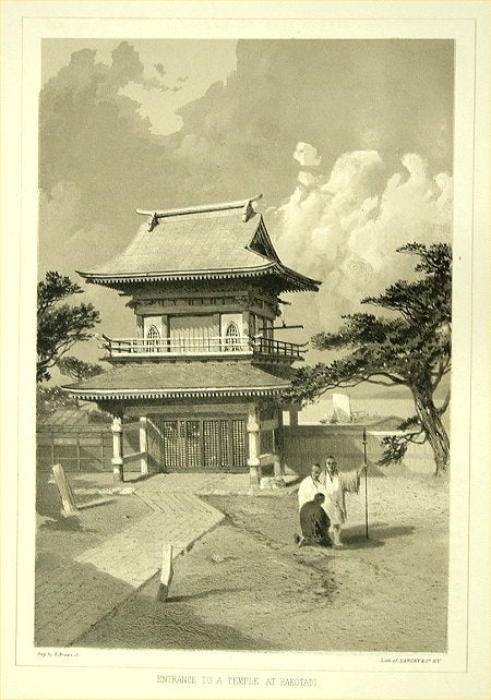 Stock ID #55331 Entrance to a Temple at Hakotadi. [Caption title). JAPAN ANTIQUE PRINT - HAKODATE, ELIPHALET BROWN, SARONY, CO, LITHOGRAPHERS, COMMODORE MATTHEW PERRY.