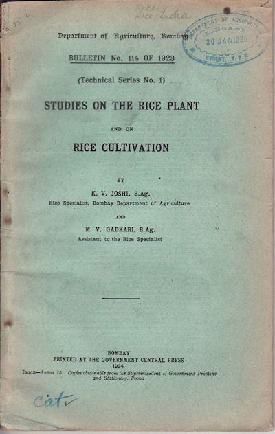 Stock ID #56917 Studies on the Rice Plant and on Rice Cultivation. D. V. AND M. V. GADKARI JOSHI.