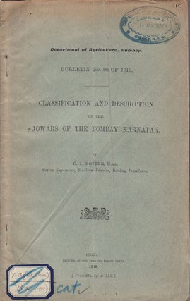 Stock ID #56978 Classification and Description of the Jowars of the Bombay Karnatak. G. L. KOTTUR