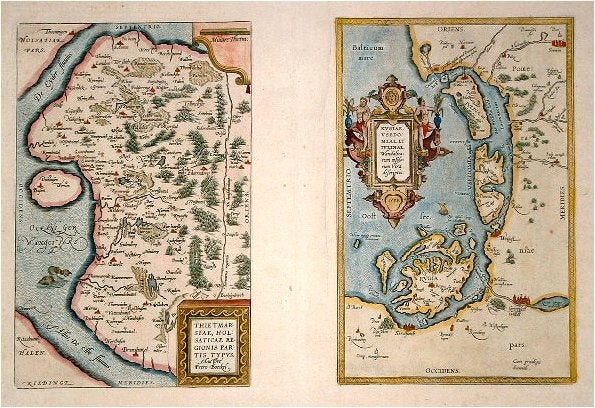 Stock ID #64215 Thietmarsiae, Holsaticae Regionis Partis Typus. Auictore Petro Boeckel [with] Rugiae, Usedomiae, et Iulinae, Wandalicarum Insularum Vera Descriptio. [Image of Dittmarschen, a part of Holstein, by Petrus Boeckel] [with] [A true image of Rügen and Iulinia, Islands of Wandalica. 1584]. ABRAHAM ANTIQUE MAPS - GERMANY. ORTELIUS.