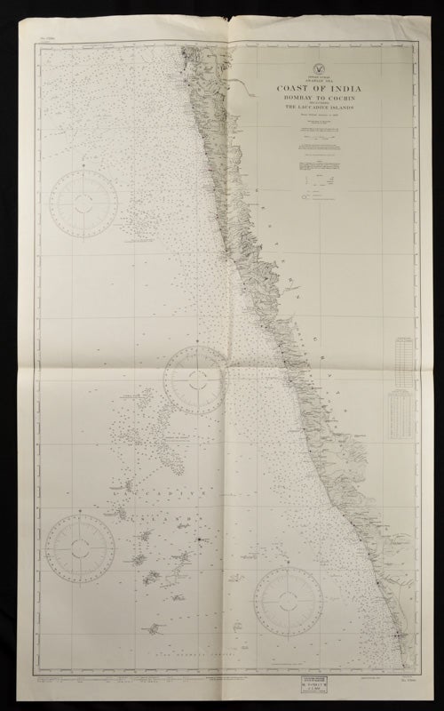 Stock ID #65133 Coast of British India. #1589: Karachi to Bombay including the Gulfs of Cutch and Cambay. (7th. Edition, 1922) # 1590: Bombay to Cochin including The Laccadive Islands. TWO INDIAN COASTAL CHARTS.
