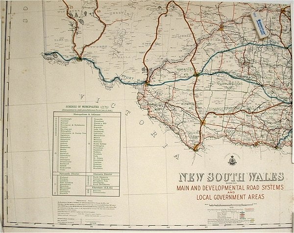 Stock ID #65633 New South Wales Showing Main and Developmental Road Systems and Local Government Areas. 1930S MAP OF NSW.
